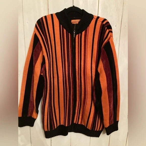 Vintage Royal Prestige Mens XL Full Zip Sweater Festival Orange &‎ Black Stripe - Picture 2 of 7